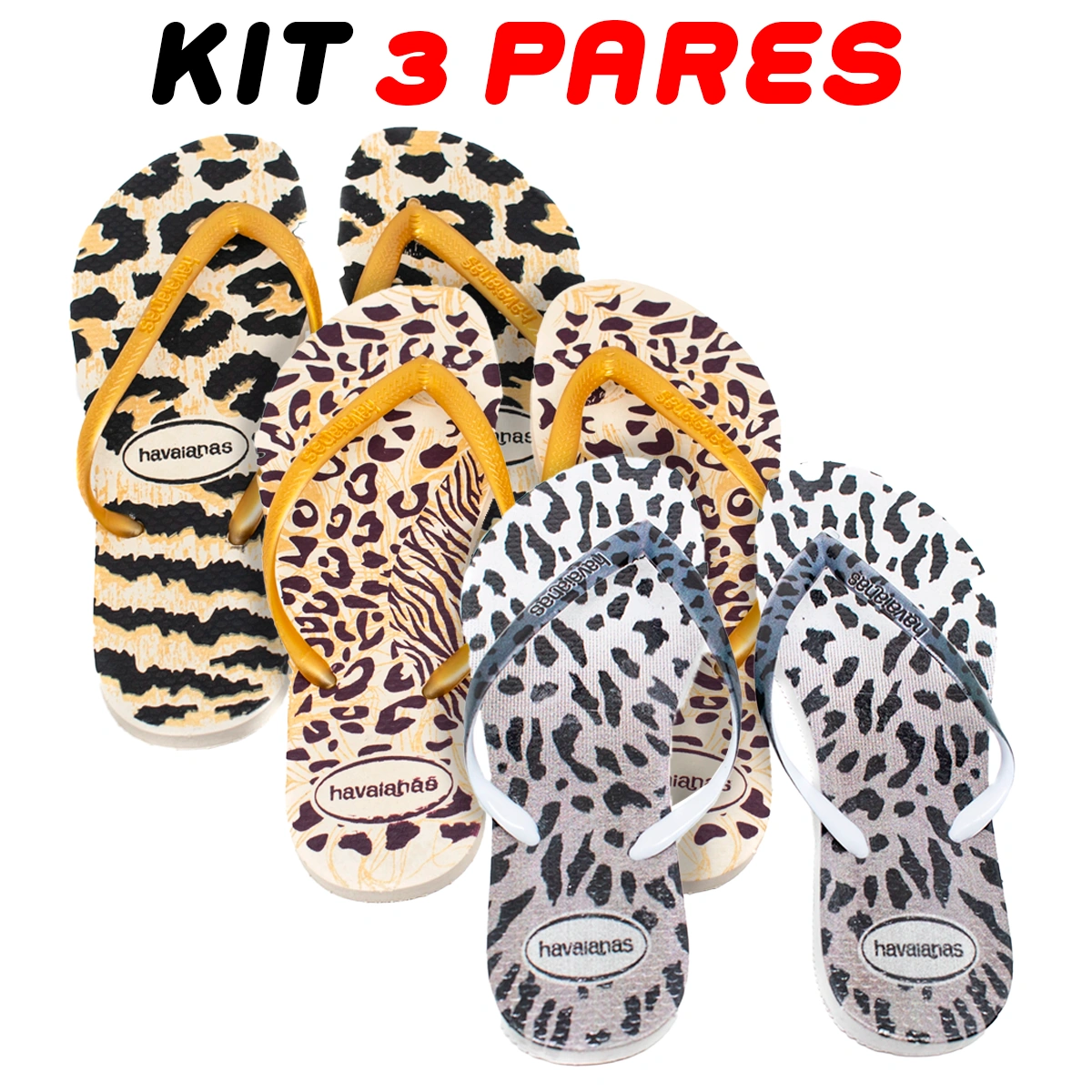 Kit 3 Chinelos Feminino Havaianas Onças