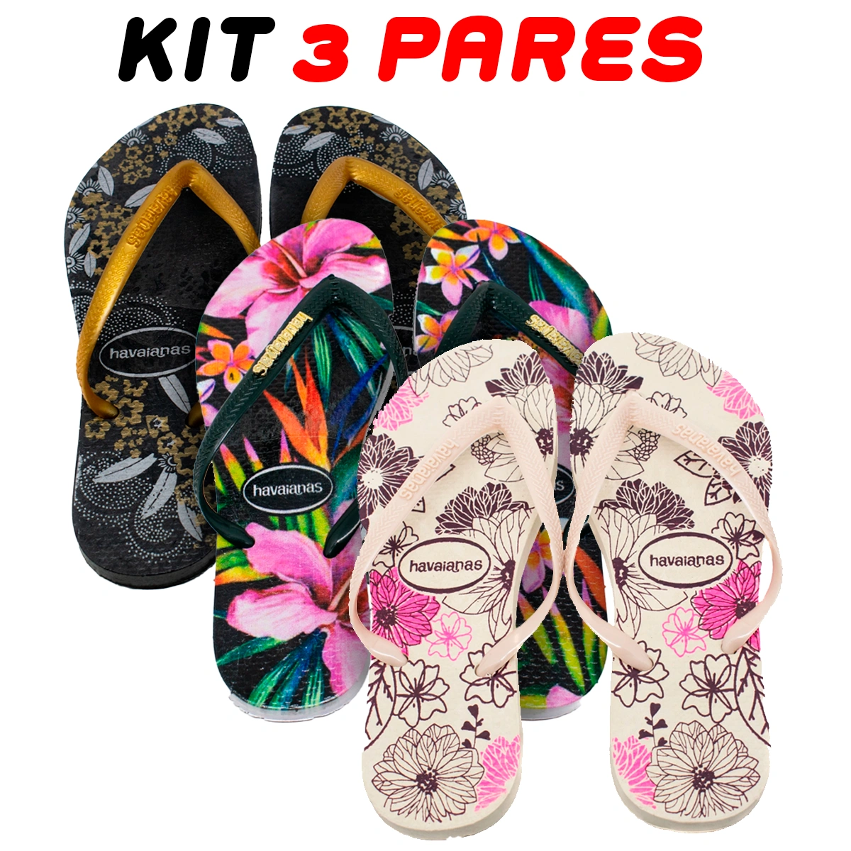 Kit 3 Chinelos Feminino Havaianas Flores